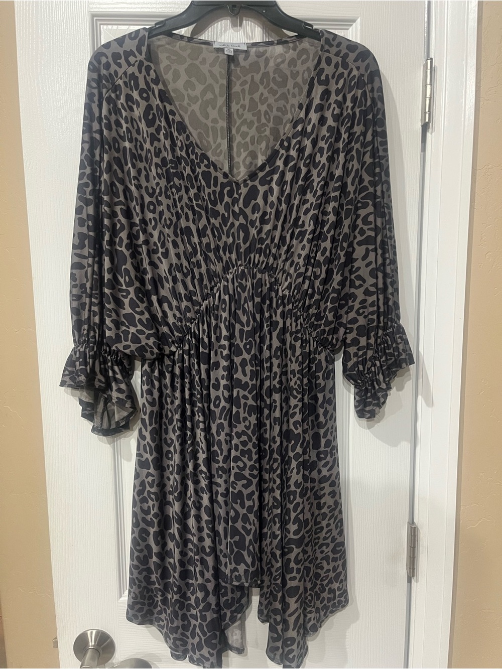 white birch grey and black Leopard Asymmetrical V-Neck Dress
